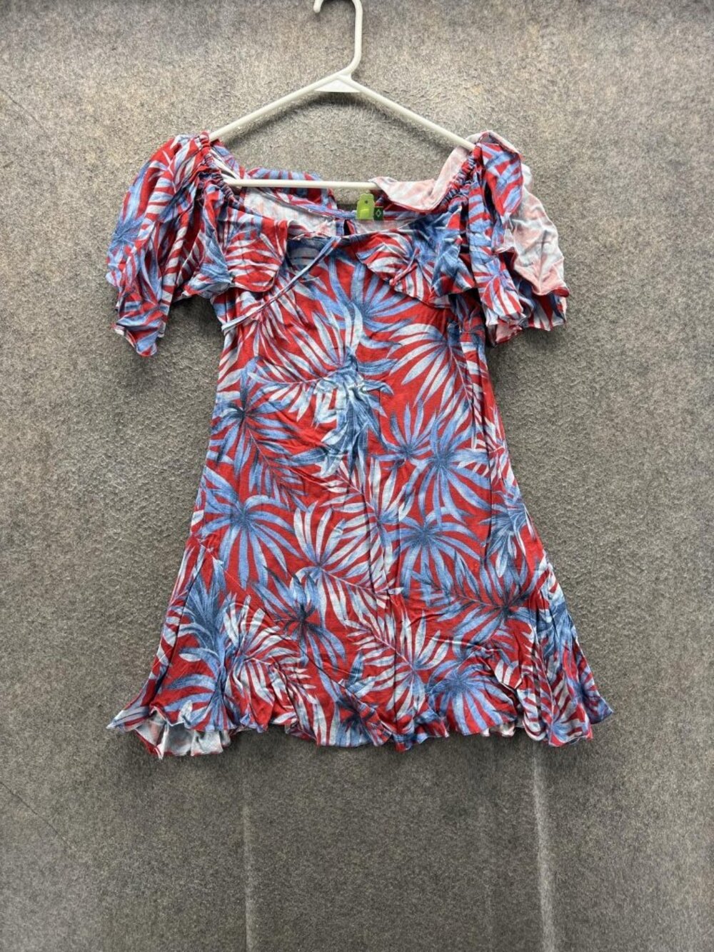 FARM Dress Womens Petite Red Blue Off Shoulder Puff Sleeve Ruffle Tropical Short